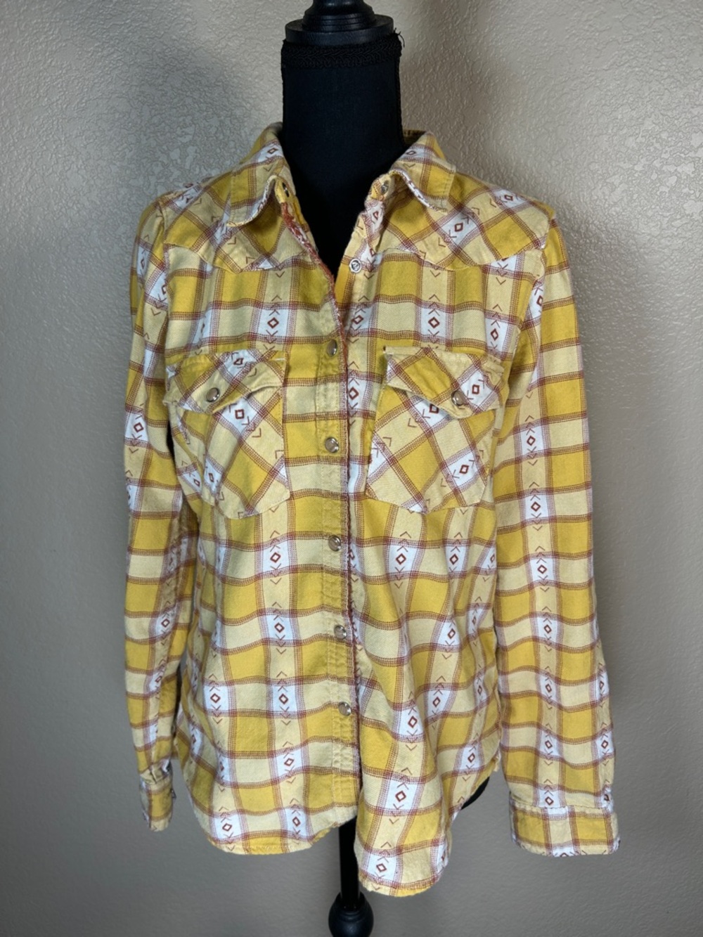 Rank 45 Women's Western Long Sleeve Shirt Pearl Snap Front Plaid Yellow size L